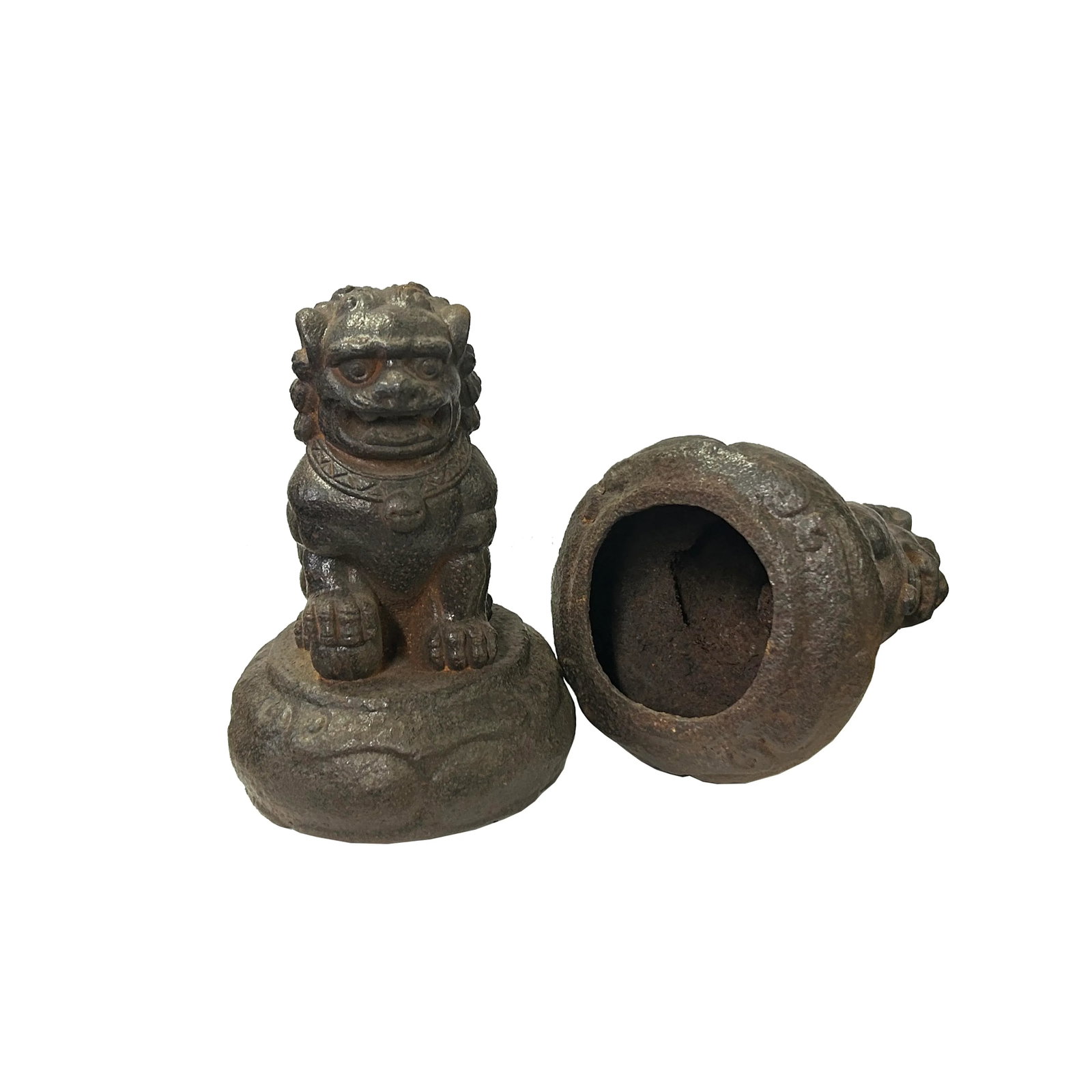Pair Rustic Chinese Iron Foo Dog Lion on Round Base FengShui Figures - 5