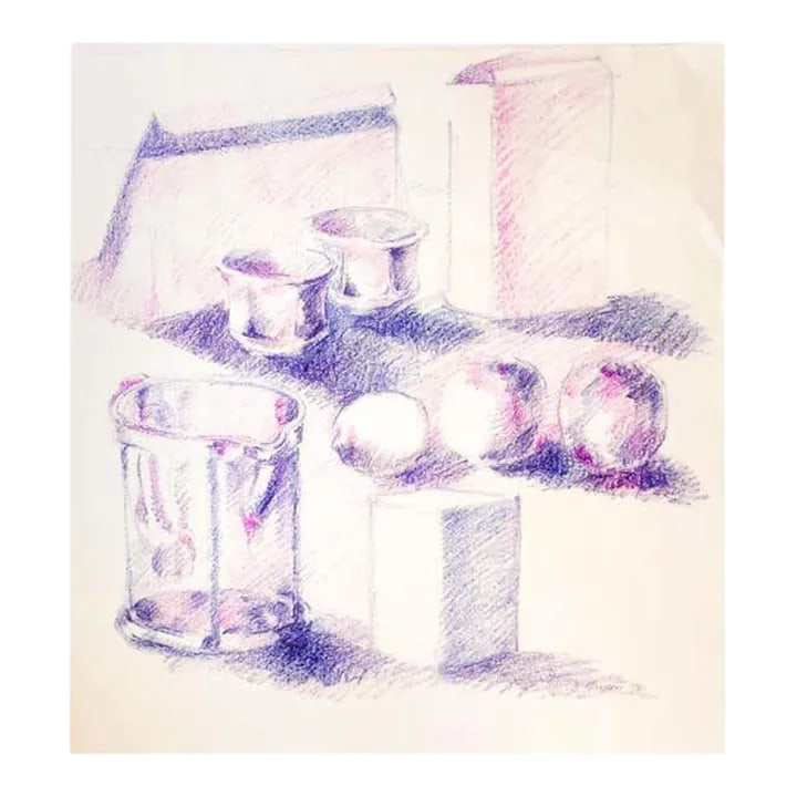 Mid-Century Still-Life Violet Tabletop Pop Art Drawing by Salvatore Grippi 1960: Gorgeous still life drawing by New York Ab Ex artist Salvatore Grippi. Violet oil pencil on paper. Condition: Alterations: Original Condition Unaltered Imperfections: Some Imperfections Condition