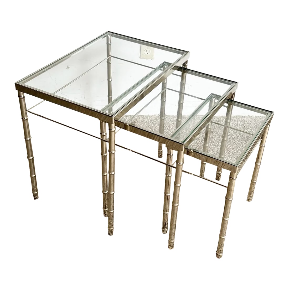 Mid Century Modern Chrome Faux Bamboo Glass Top Nesting Tables - Set of 3 (1 of 7)