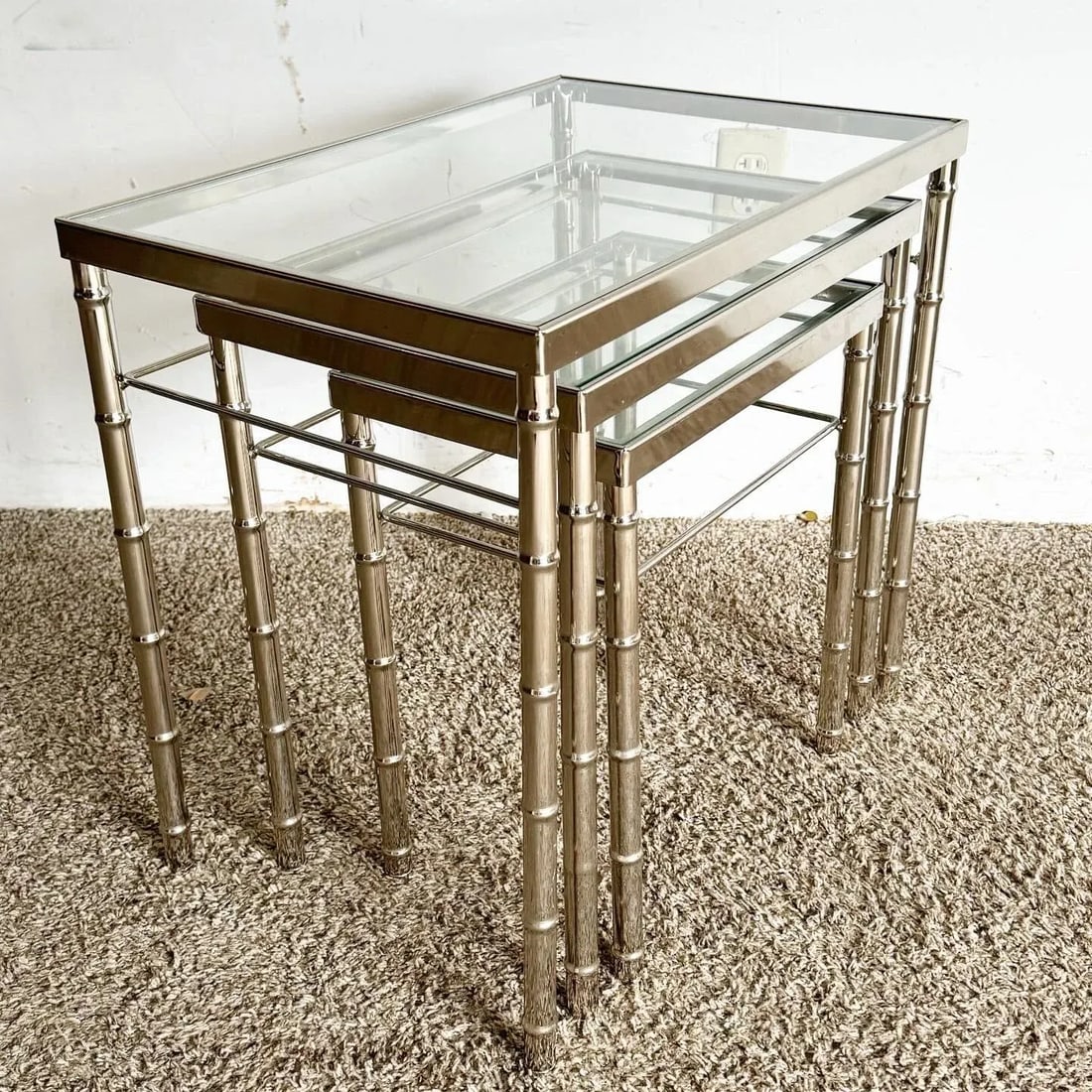 Mid Century Modern Chrome Faux Bamboo Glass Top Nesting Tables - Set of 3 - 2