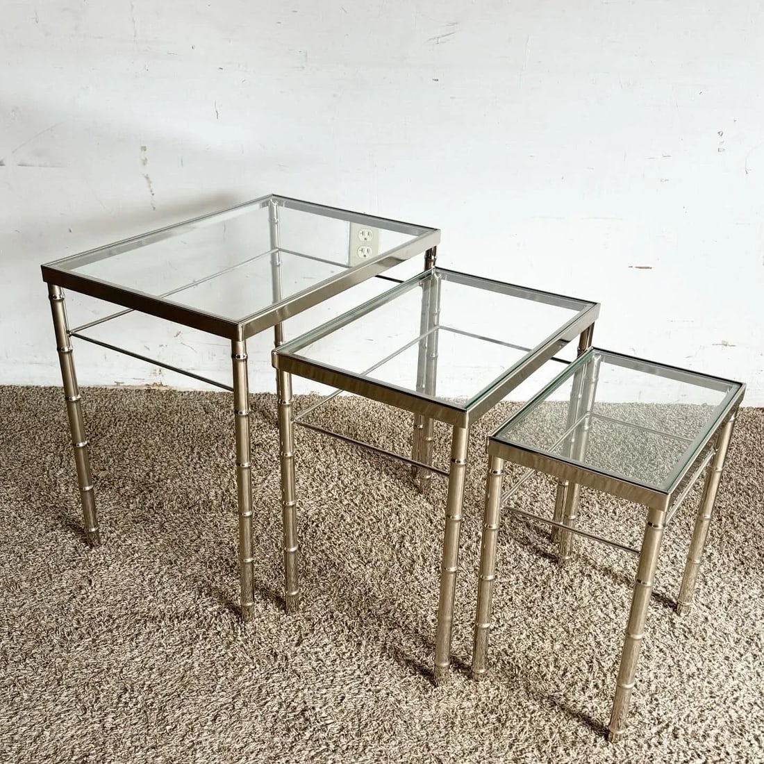 Mid Century Modern Chrome Faux Bamboo Glass Top Nesting Tables - Set of 3 - 3