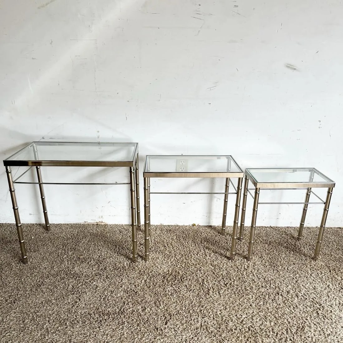 Mid Century Modern Chrome Faux Bamboo Glass Top Nesting Tables - Set of 3 - 4