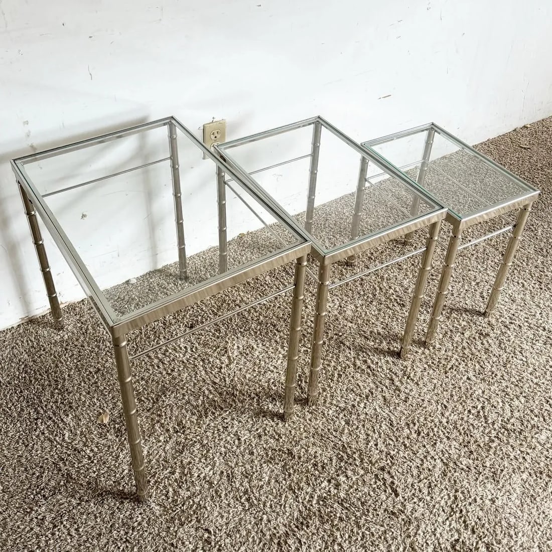 Mid Century Modern Chrome Faux Bamboo Glass Top Nesting Tables - Set of 3 - 5