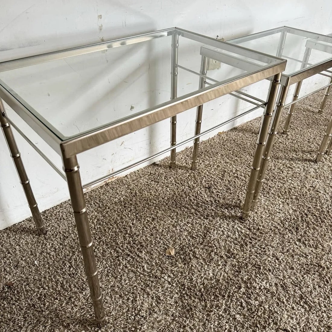 Mid Century Modern Chrome Faux Bamboo Glass Top Nesting Tables - Set of 3 - 6