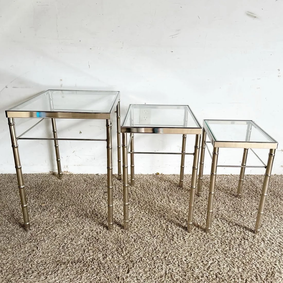 Mid Century Modern Chrome Faux Bamboo Glass Top Nesting Tables - Set of 3 - 7