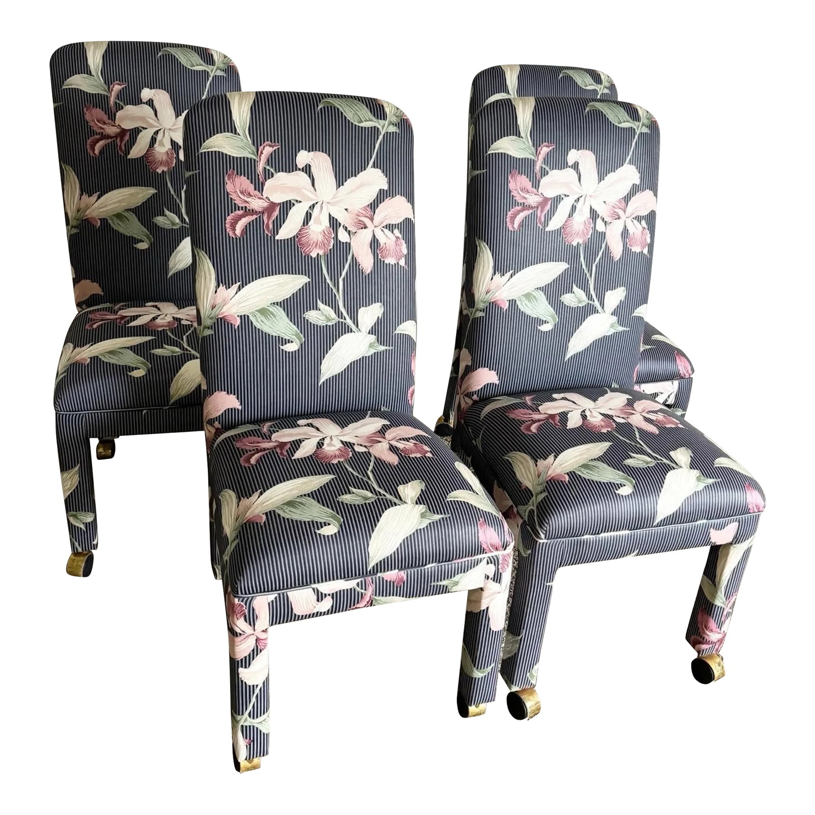 Postmodern Navy Blue Pinstripe and Pink Hibiscus Parsons Chairs on Casters - Set of 4: Step into a world of contemporary elegance with this set of four Postmodern Navy Blue Pinstripe and Pink Hibiscus Parsons Chairs on Casters. These chairs feature a unique and stylish design, with a