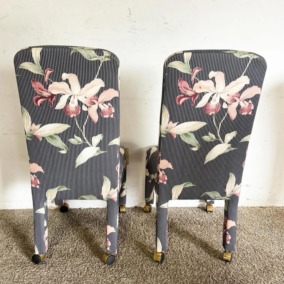 Postmodern Navy Blue Pinstripe and Pink Hibiscus Parsons Chairs on Casters - Set of 4 - 2
