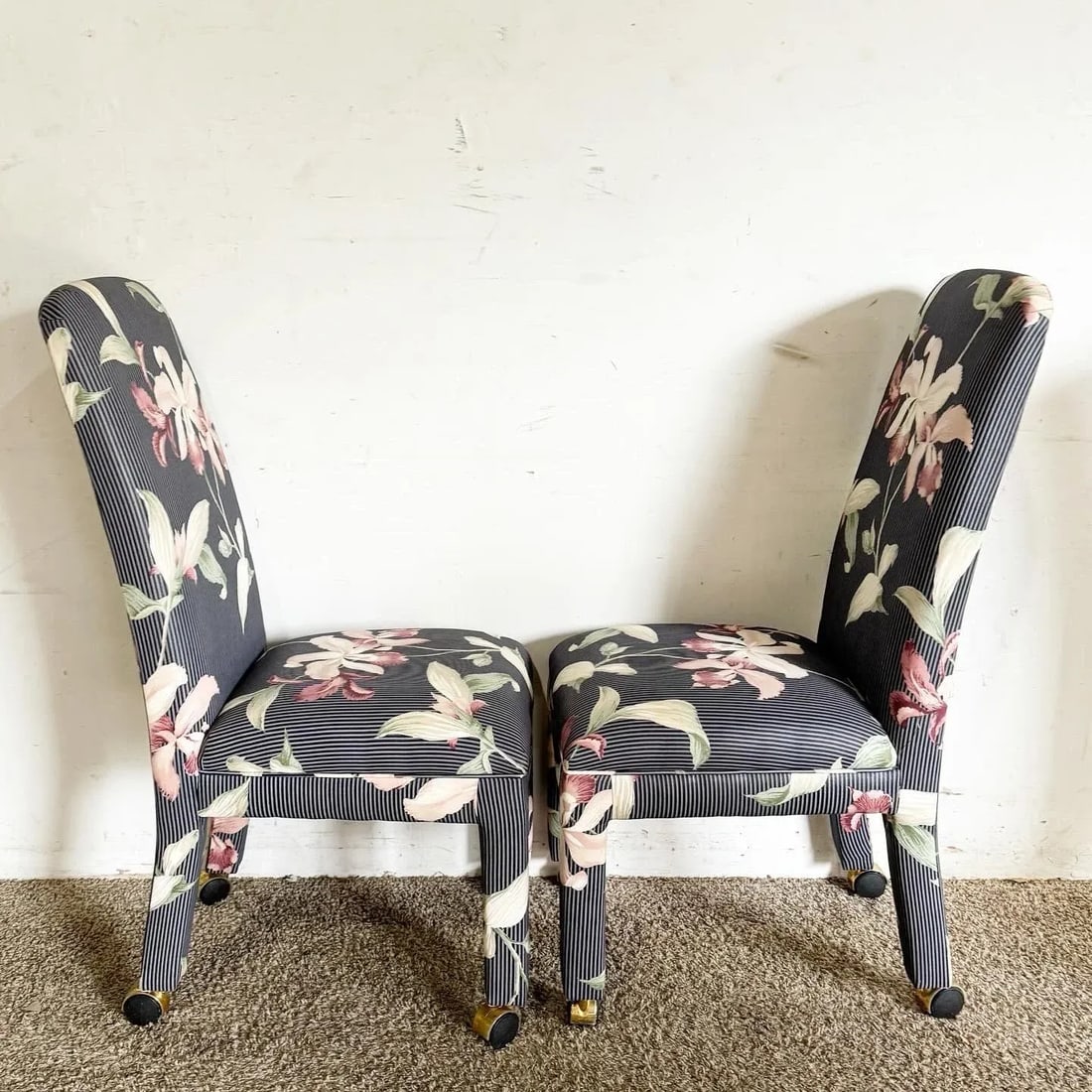 Postmodern Navy Blue Pinstripe and Pink Hibiscus Parsons Chairs on Casters - Set of 4 - 3