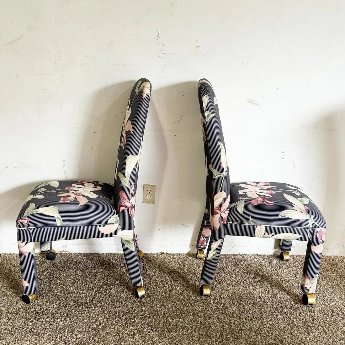 Postmodern Navy Blue Pinstripe and Pink Hibiscus Parsons Chairs on Casters - Set of 4 - 4