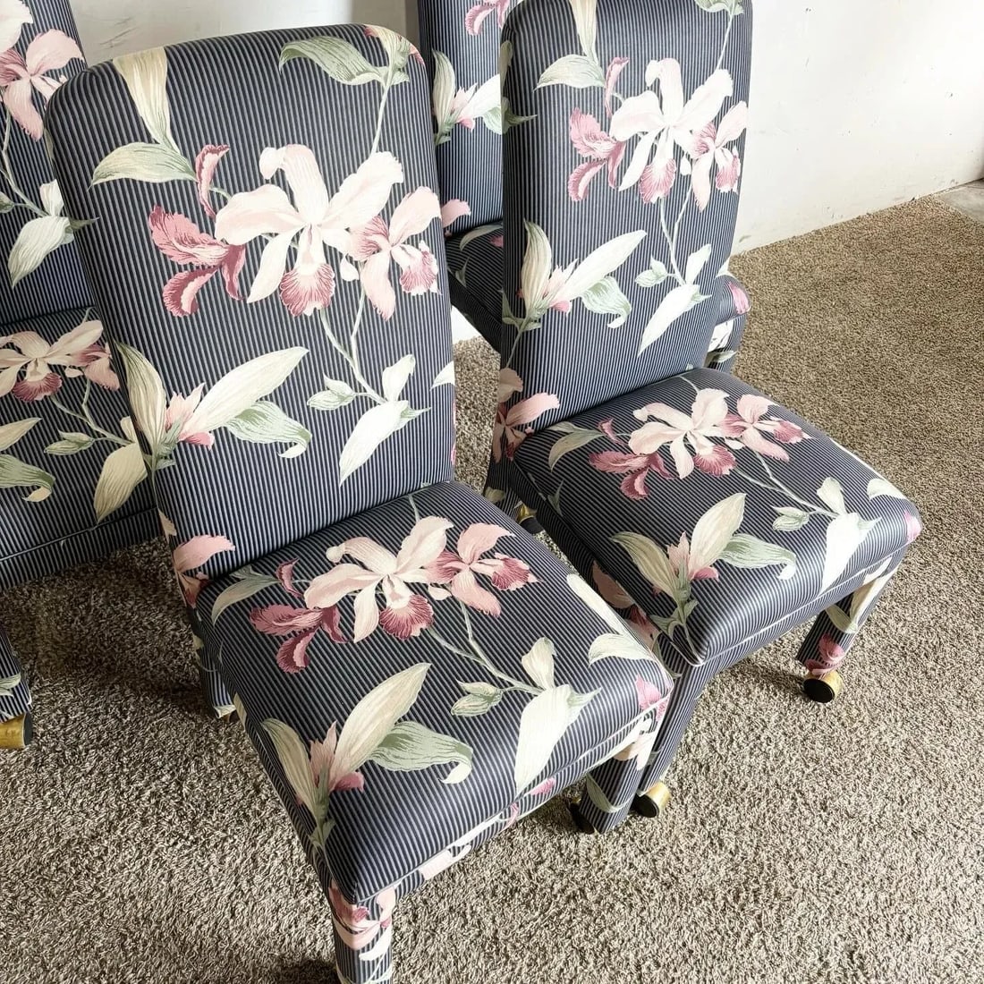 Postmodern Navy Blue Pinstripe and Pink Hibiscus Parsons Chairs on Casters - Set of 4 - 5