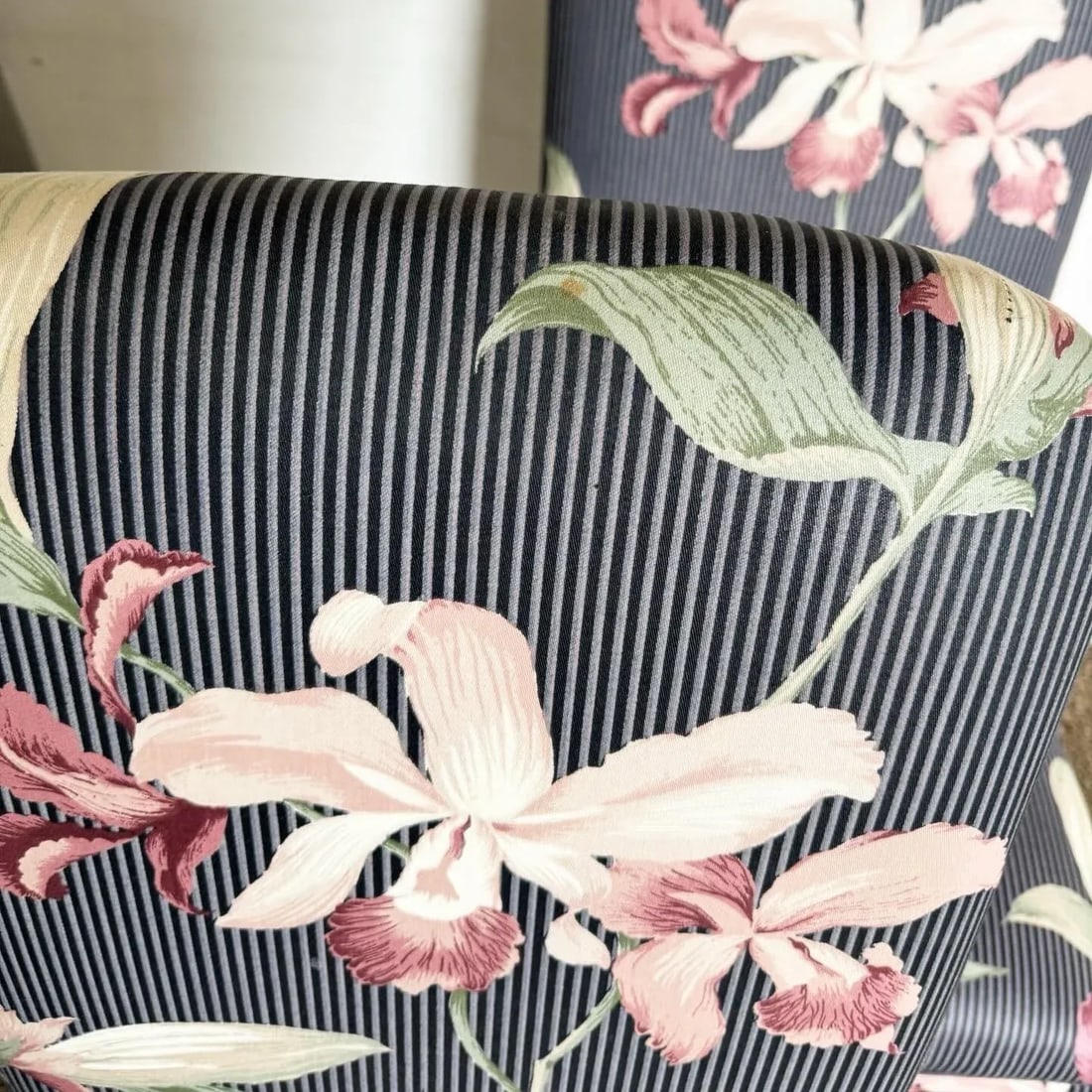 Postmodern Navy Blue Pinstripe and Pink Hibiscus Parsons Chairs on Casters - Set of 4 - 6