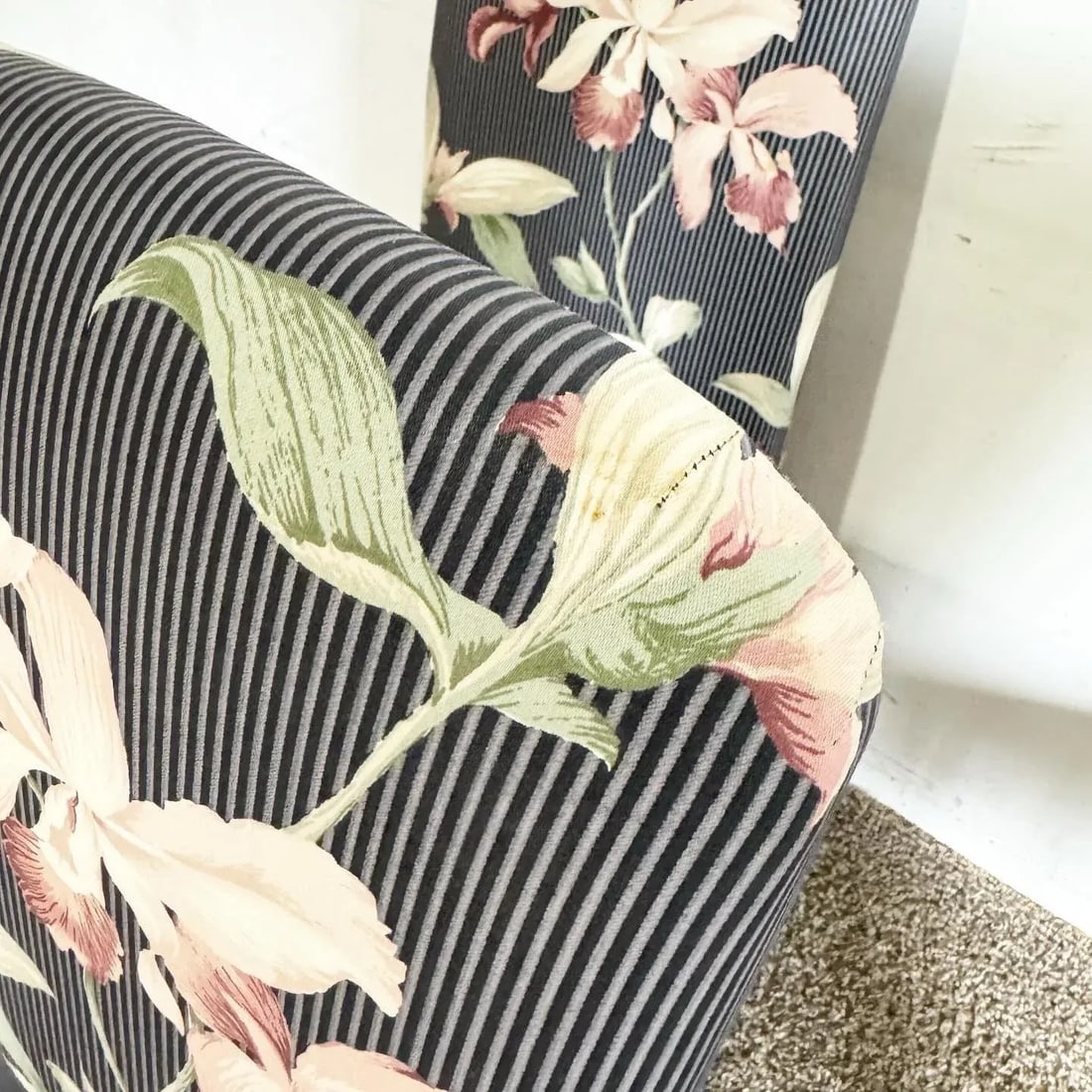 Postmodern Navy Blue Pinstripe and Pink Hibiscus Parsons Chairs on Casters - Set of 4 - 7