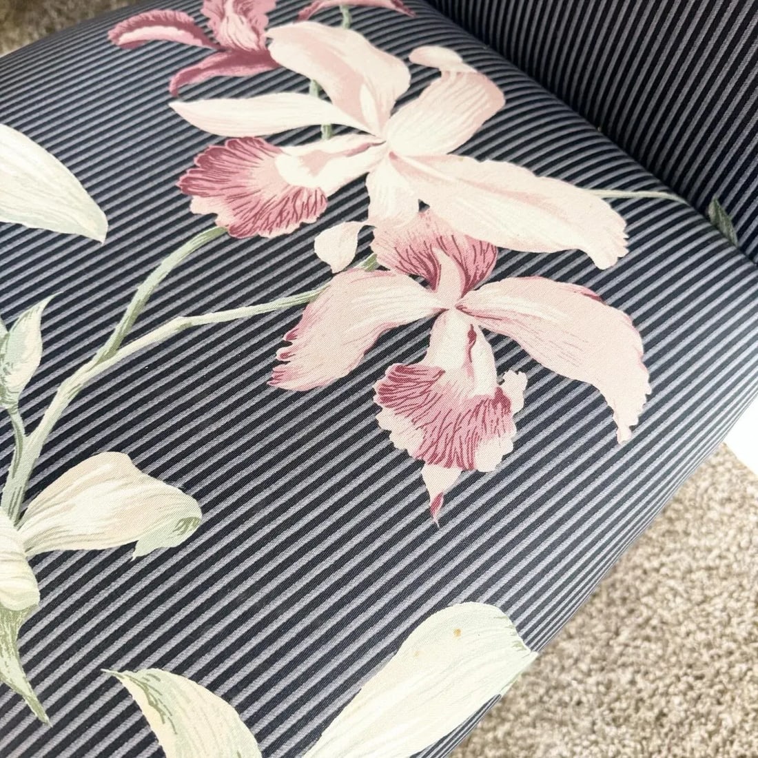 Postmodern Navy Blue Pinstripe and Pink Hibiscus Parsons Chairs on Casters - Set of 4 - 8