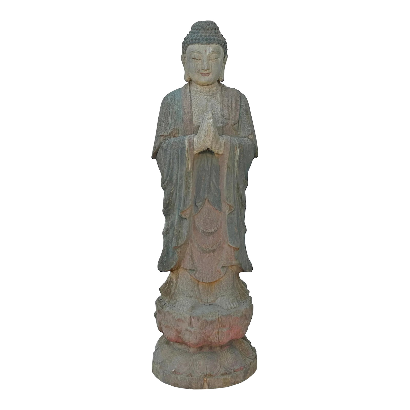 Vintage Rustic Wood Anjali Mudra Standing Buddha Amitabha Shakyamuni Statue: The Vintage Rustic Wood Anjali Mudra Hand Posture Standing Buddha Amitabha Shakyamuni Statue is a captivating and serene piece of art that exudes a sense of timeless spirituality and tranquility.