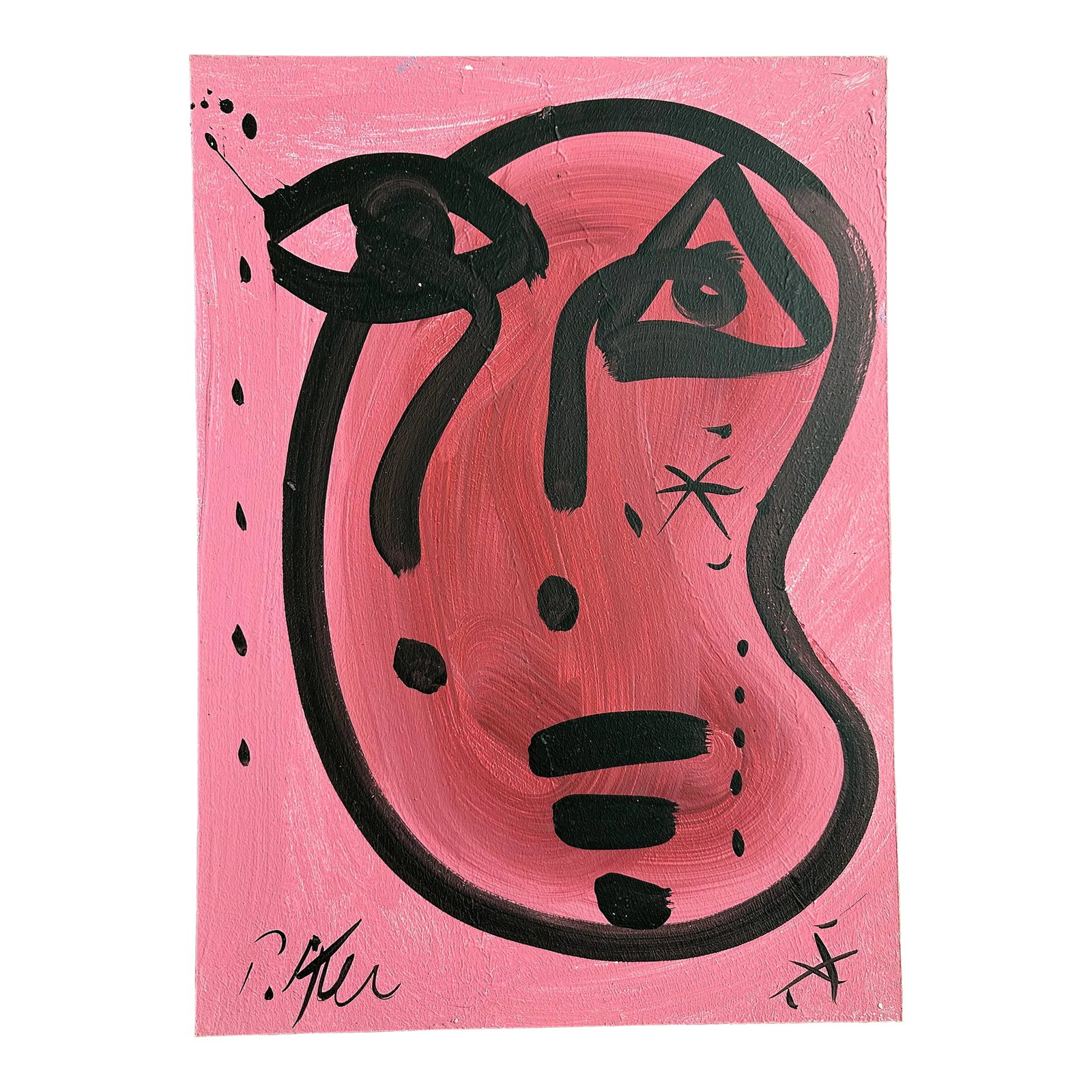 Mirovian Style Abstract Portrait Painting by Peter Keil: Peter Keil is a German artist that focuses primarily on abstract expressionism. Keil painted with some of the greats including Joan Miró, Pablo Picasso and Andy Warhol, to name a few. This is a M