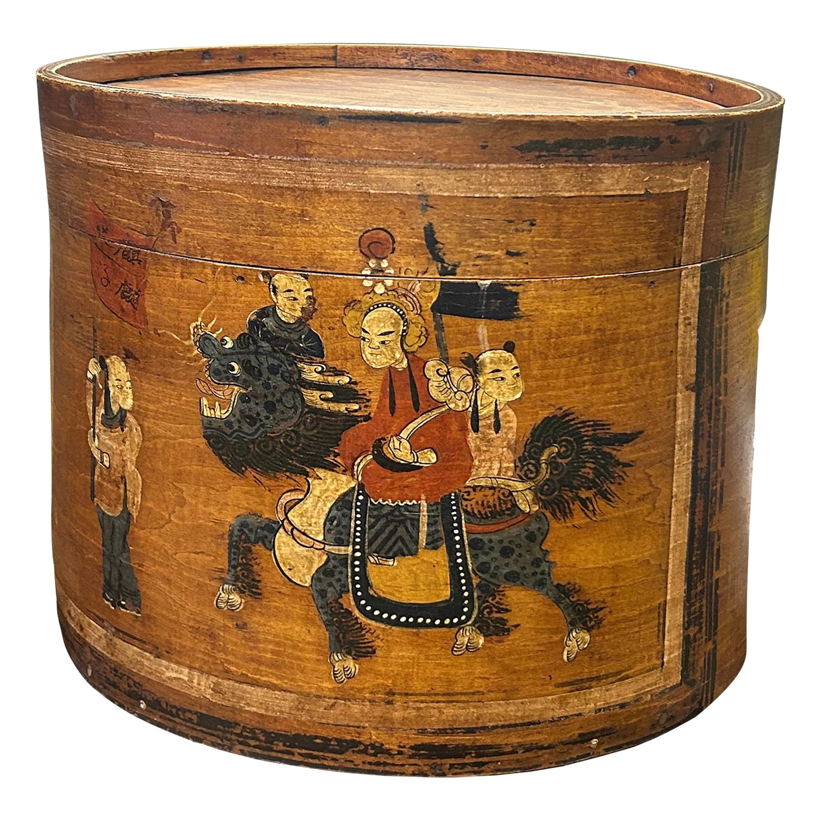 Vintage Chinese Kids Play W Kirin Graphic Round Wood Box Bucket: The Vintage Chinese Kids Play with Kirin Graphic Round Wood Box Bucket is a charming piece that captures the essence of traditional Chinese childhood play. Crafted with meticulous attention to
