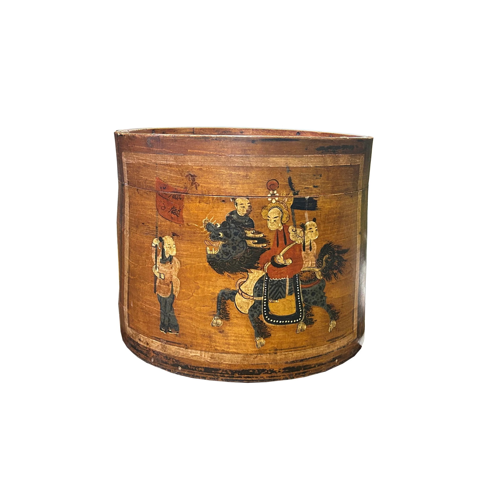 Vintage Chinese Kids Play W Kirin Graphic Round Wood Box Bucket - 3