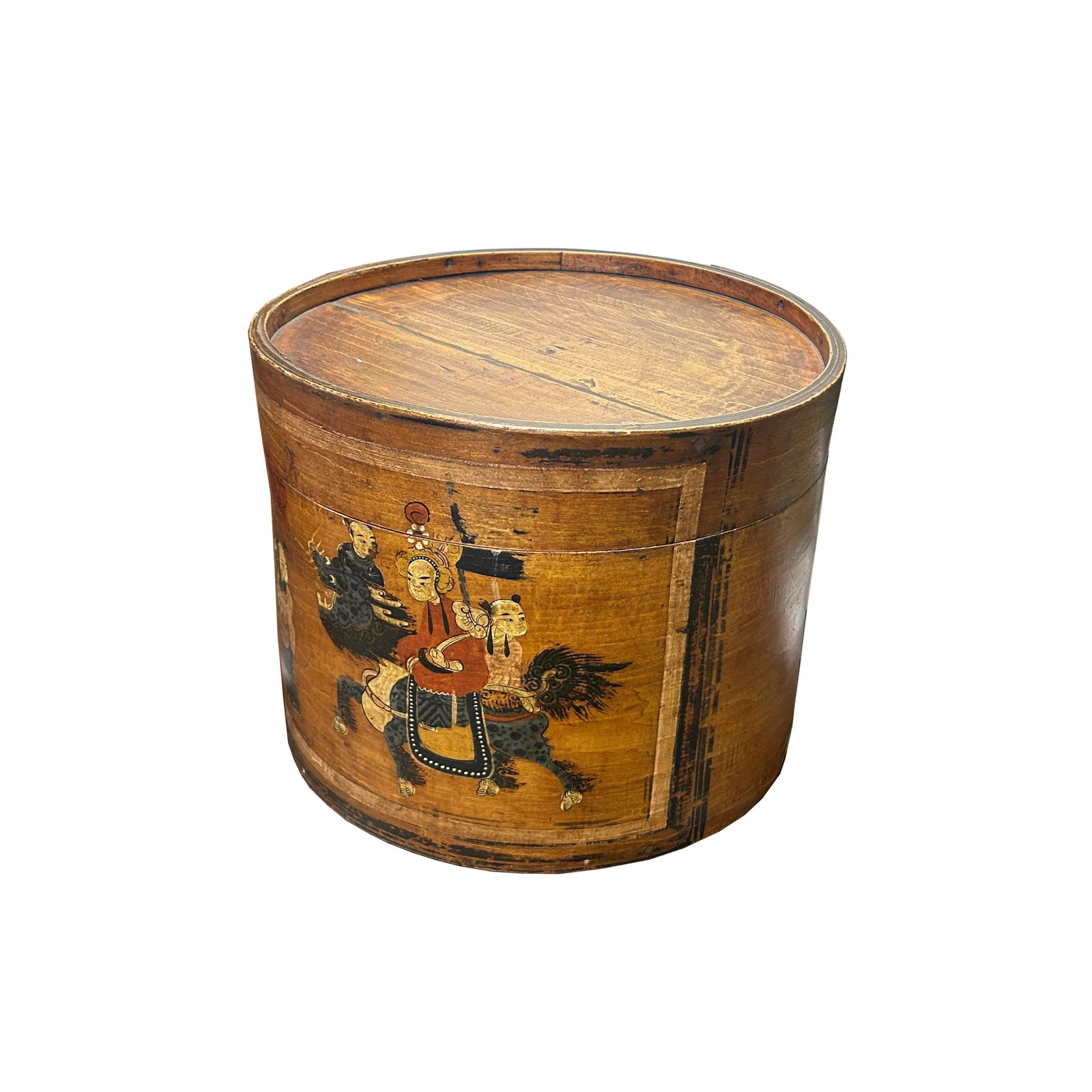 Vintage Chinese Kids Play W Kirin Graphic Round Wood Box Bucket - 5