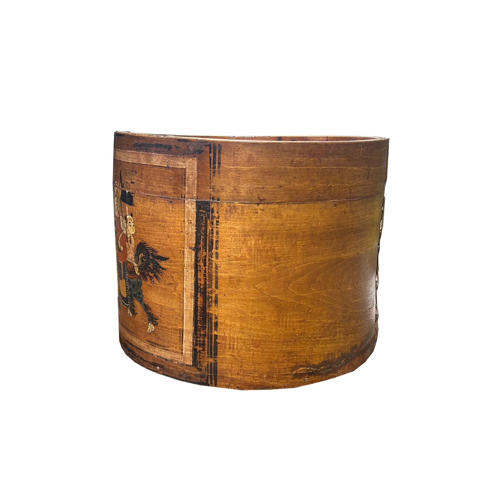 Vintage Chinese Kids Play W Kirin Graphic Round Wood Box Bucket - 6