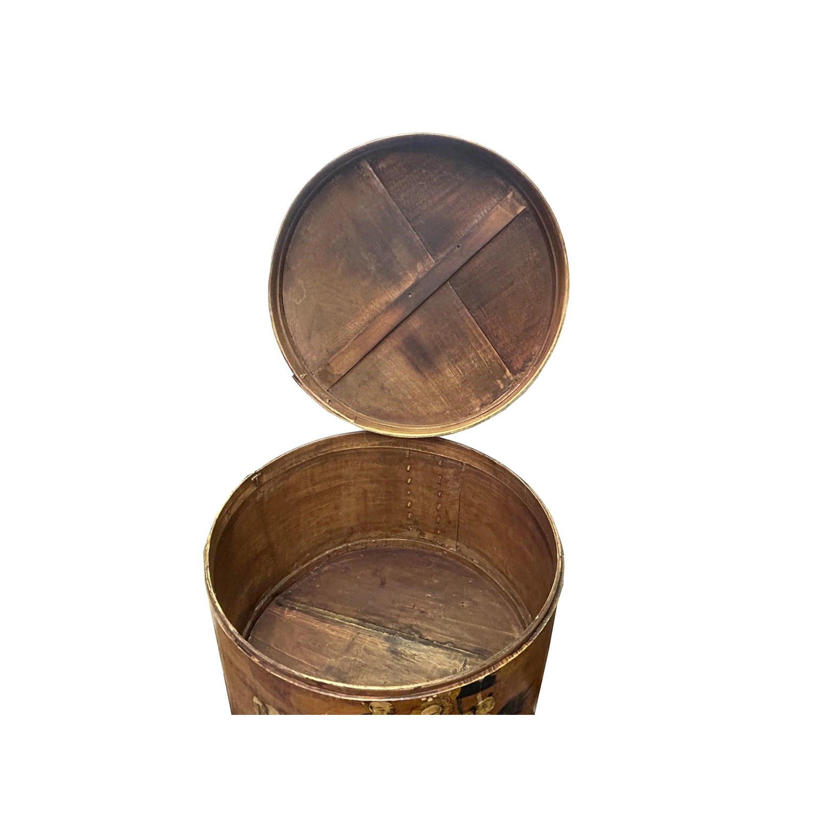 Vintage Chinese Kids Play W Kirin Graphic Round Wood Box Bucket - 7