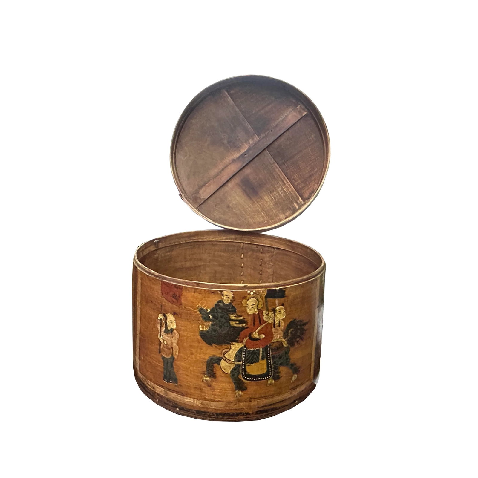 Vintage Chinese Kids Play W Kirin Graphic Round Wood Box Bucket - 8
