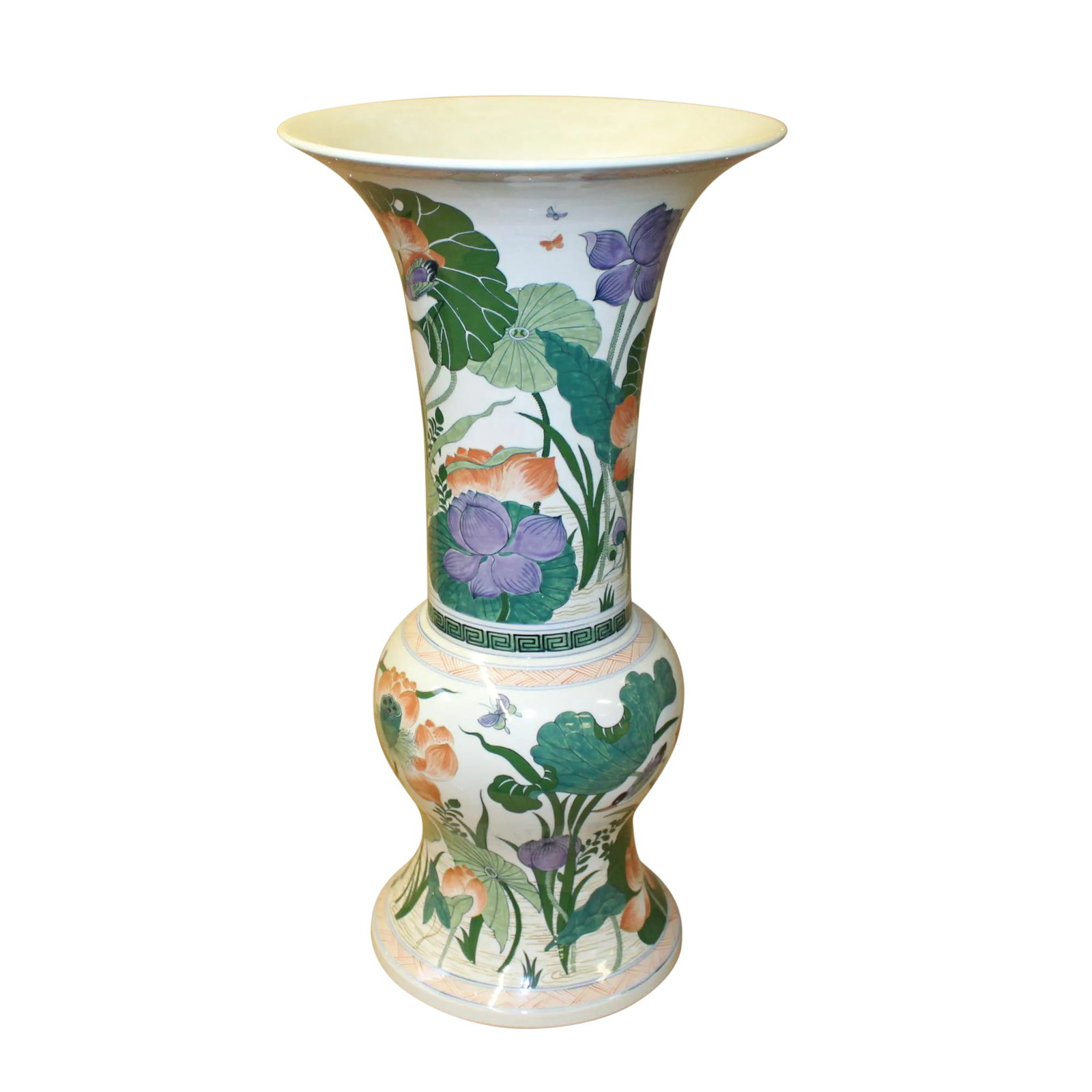 Chinese Handmade Porcelain Flower Tall Art Vase: This is a nice handmade tall wide mouth porcelain vase in an oriental subtle scenery style. The color of the lotus flower and the brush style shows the infusion of Japanese tone. It is a charming acce