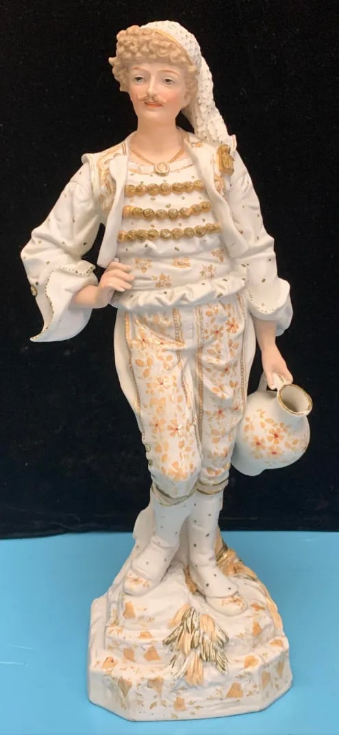 15 Inch Tall Antique French Bisque Porcelain Man Holding a Water Jug - 10