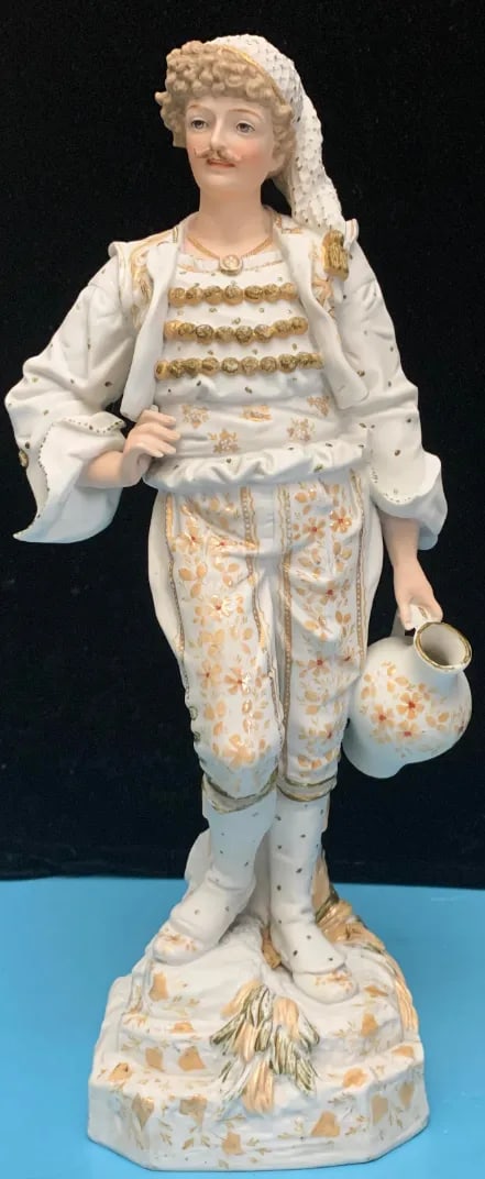 15 Inch Tall Antique French Bisque Porcelain Man Holding a Water Jug - 3