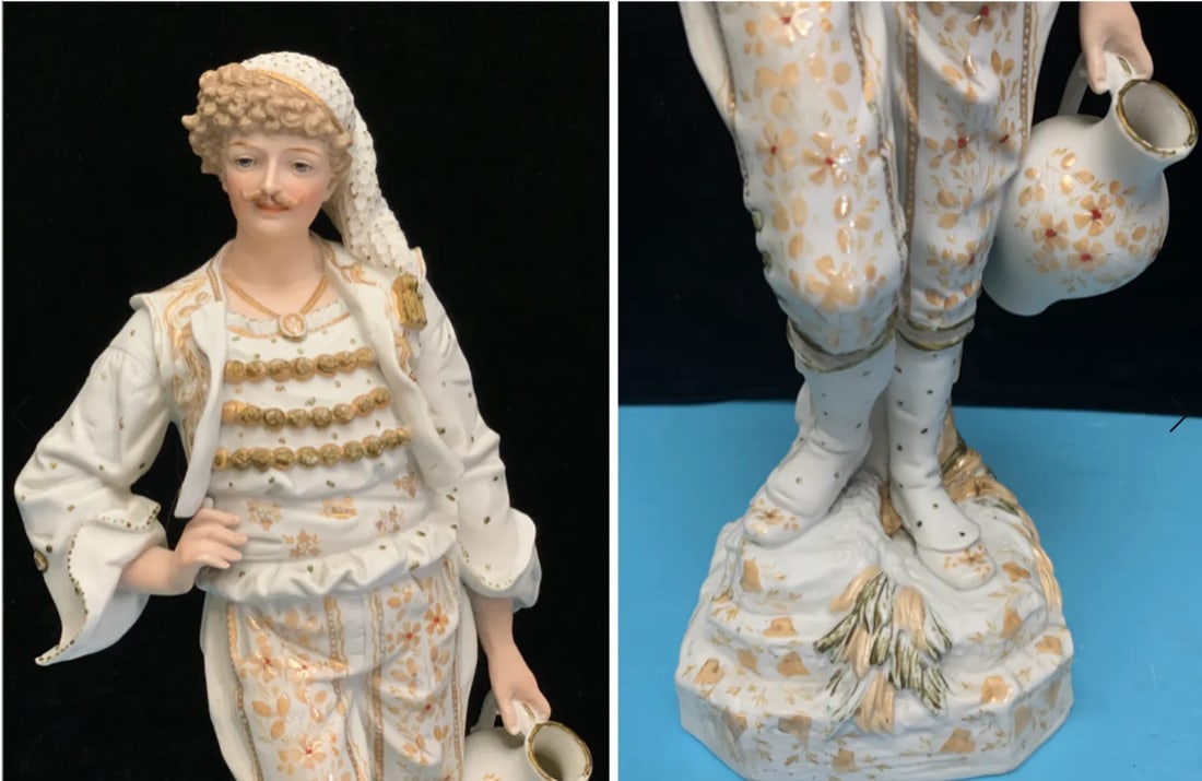 15 Inch Tall Antique French Bisque Porcelain Man Holding a Water Jug - 4