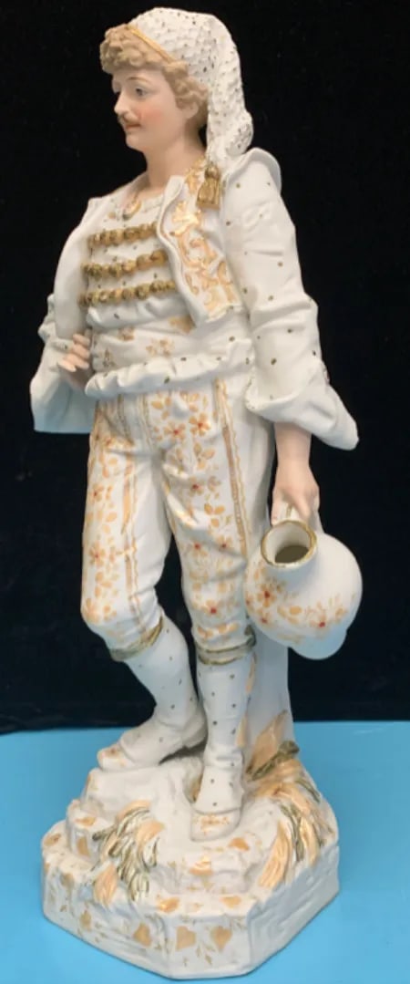 15 Inch Tall Antique French Bisque Porcelain Man Holding a Water Jug - 6