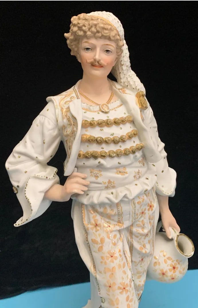 15 Inch Tall Antique French Bisque Porcelain Man Holding a Water Jug - 8