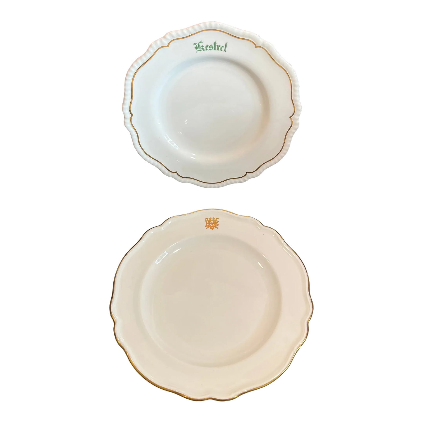 Early 20th Century Antique Mintons for Gilman Collamore & Co. Plates- Set of 2: Set of 2 monogram Mintons plates in white trimmed in gold. One plate's monogram is in gold and the other in green. *Acquired from the formerly Packwood House Museum, Lewisburg, PA (1972-2021).
