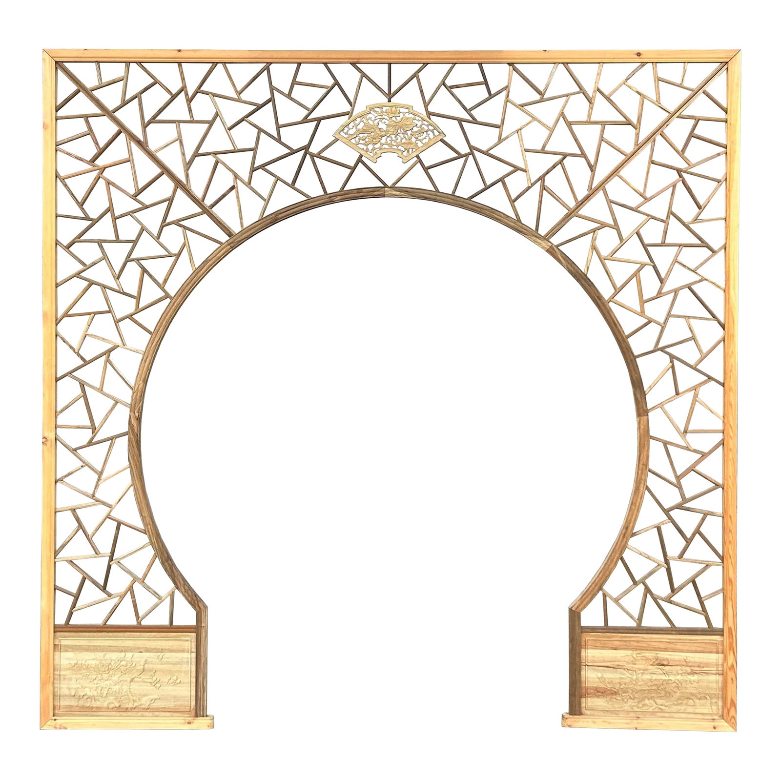 Chinese Tan Color Flower Ducks Geometric Round Arch Wood Room Divider: Crafted with meticulous detail and traditional Chinese artistry, the Chinese Flower Mandarina Ducks Carving Geometric Open Pattern Frame Round Arch Center Wood Room Divider stands as a testament to