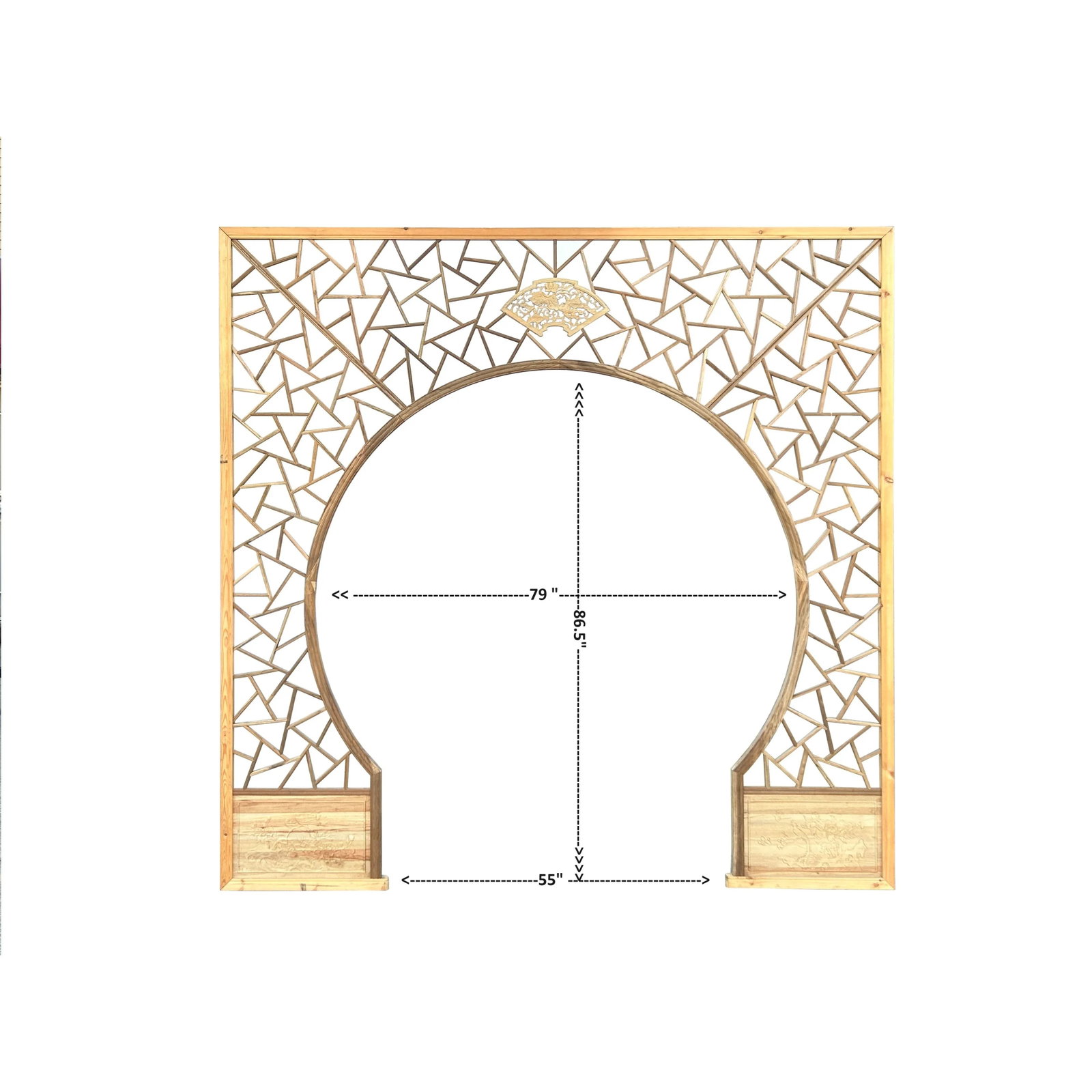 Chinese Tan Color Flower Ducks Geometric Round Arch Wood Room Divider - 2