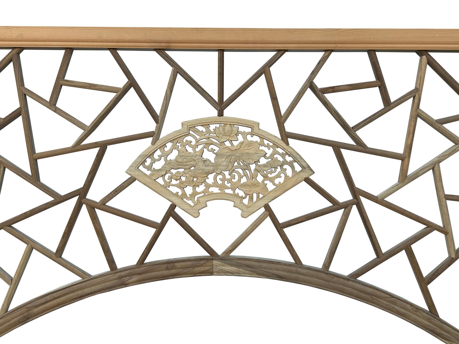 Chinese Tan Color Flower Ducks Geometric Round Arch Wood Room Divider - 4