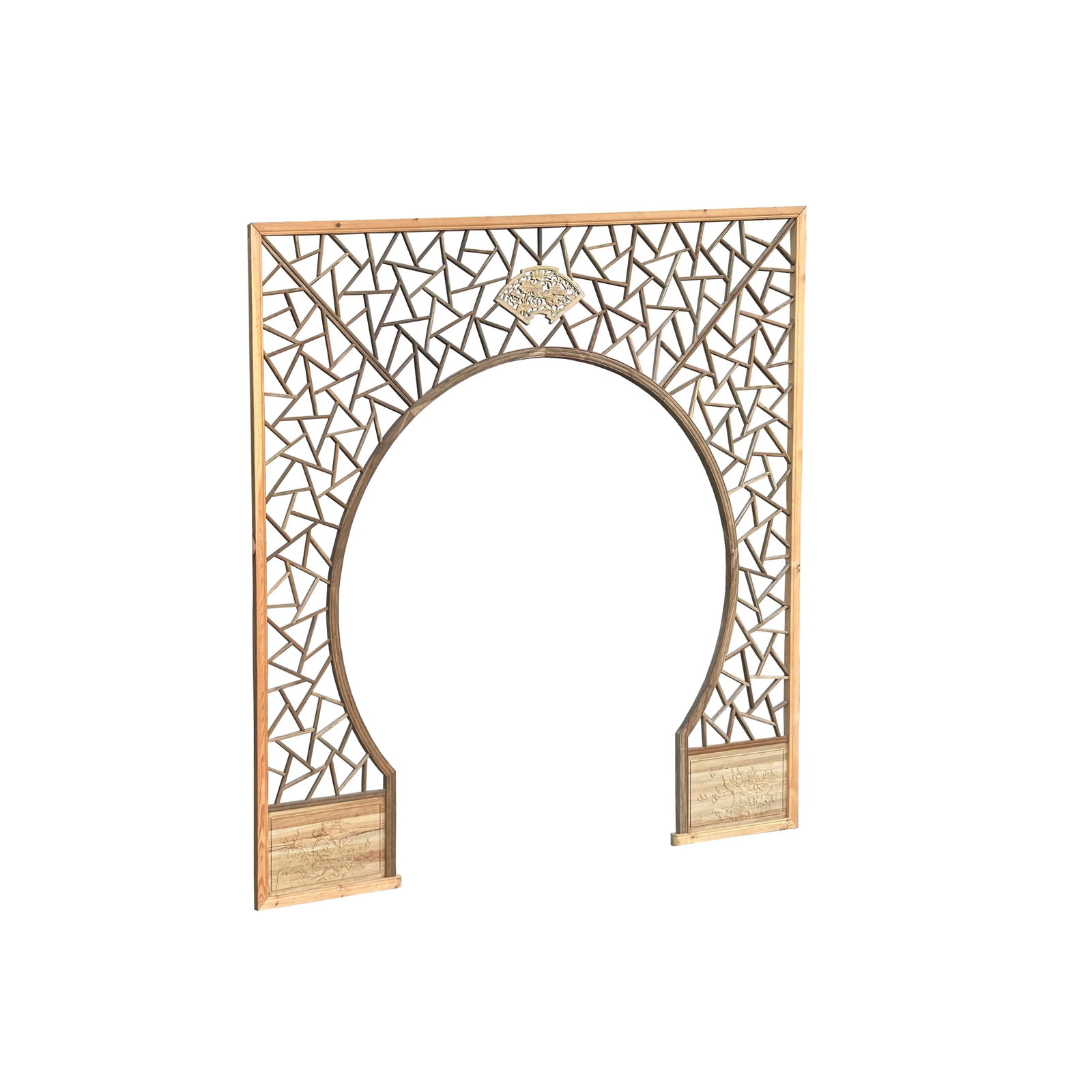 Chinese Tan Color Flower Ducks Geometric Round Arch Wood Room Divider - 5