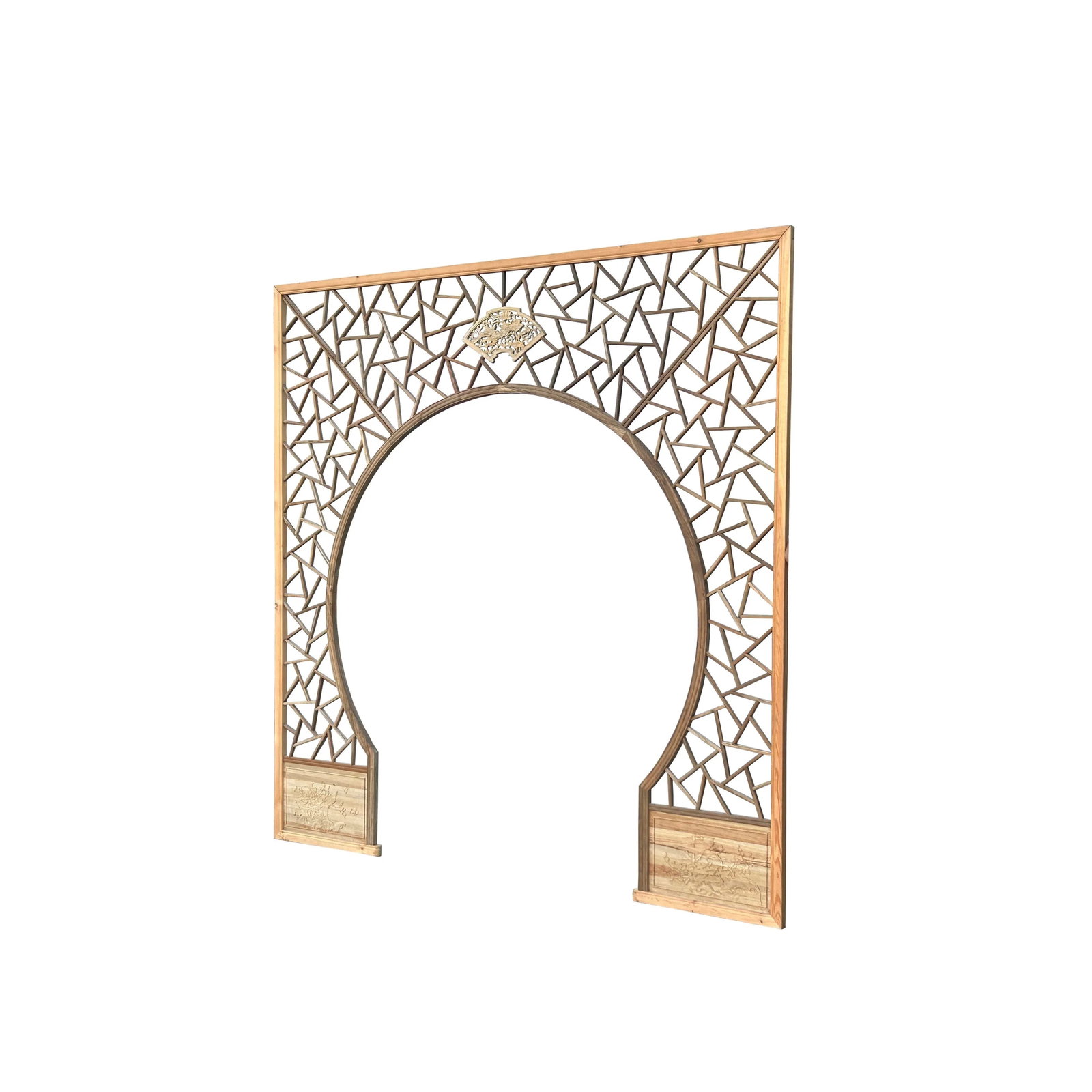 Chinese Tan Color Flower Ducks Geometric Round Arch Wood Room Divider - 6