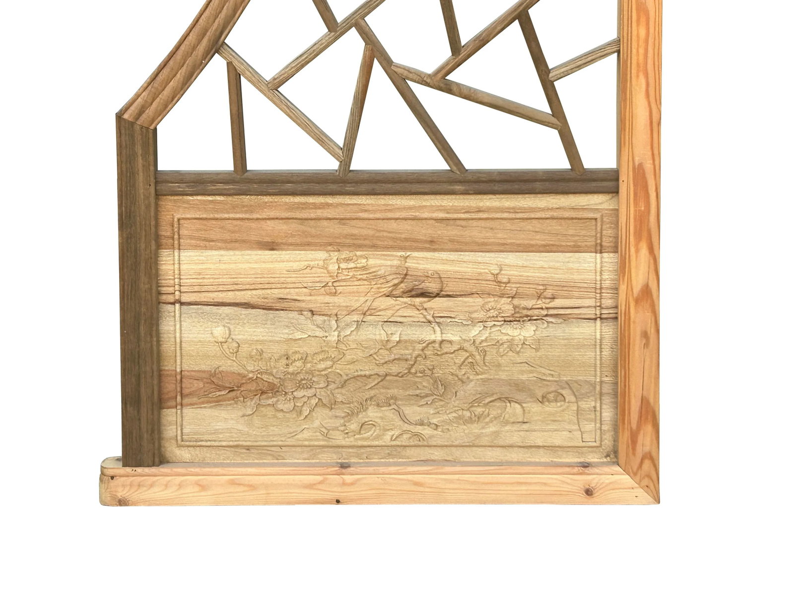 Chinese Tan Color Flower Ducks Geometric Round Arch Wood Room Divider - 7