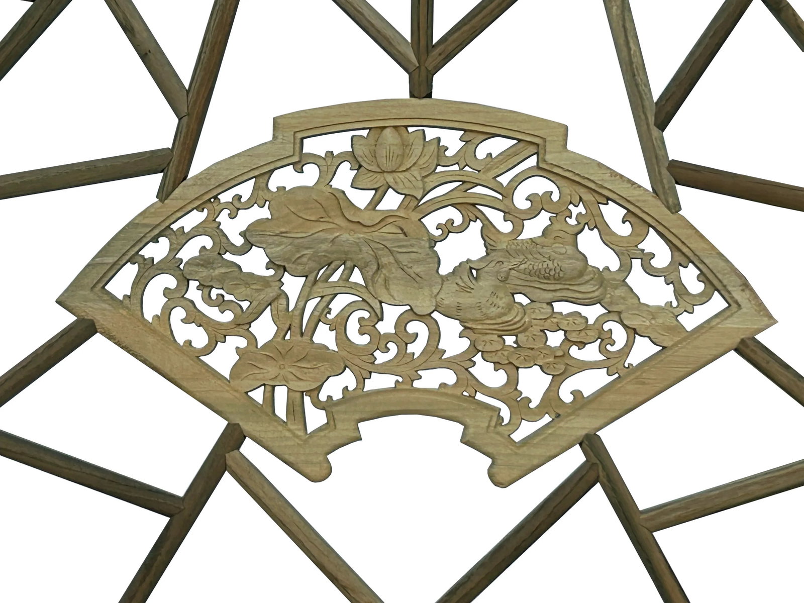 Chinese Tan Color Flower Ducks Geometric Round Arch Wood Room Divider - 8
