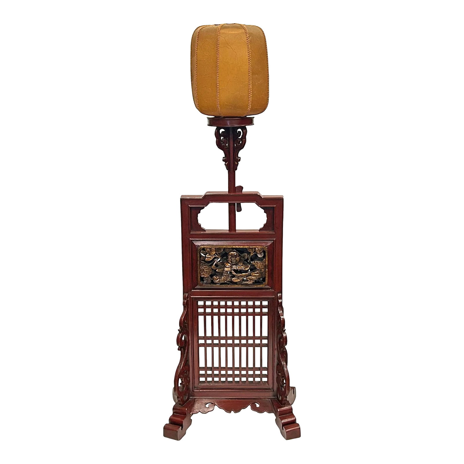 Vintage Chinese Brick Red Wood Floor Lamp With Golden Carving Base: The Vintage Chinese Brick Red Wood Floor Lamp with Golden Carving Base exudes timeless elegance and cultural richness. Standing tall with a commanding presence, this floor lamp is a fusion of