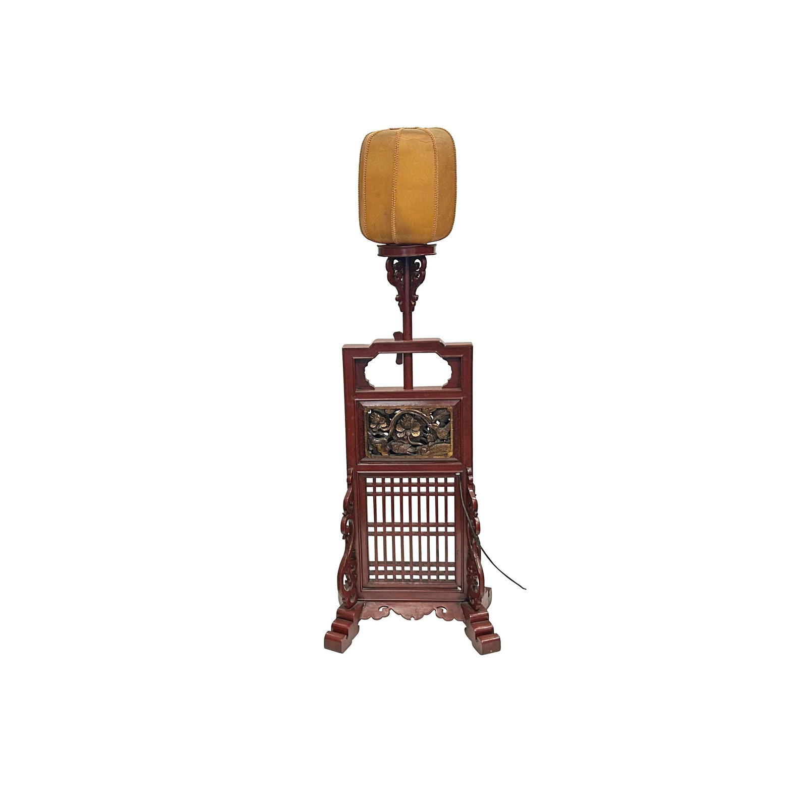 Vintage Chinese Brick Red Wood Floor Lamp With Golden Carving Base - 2