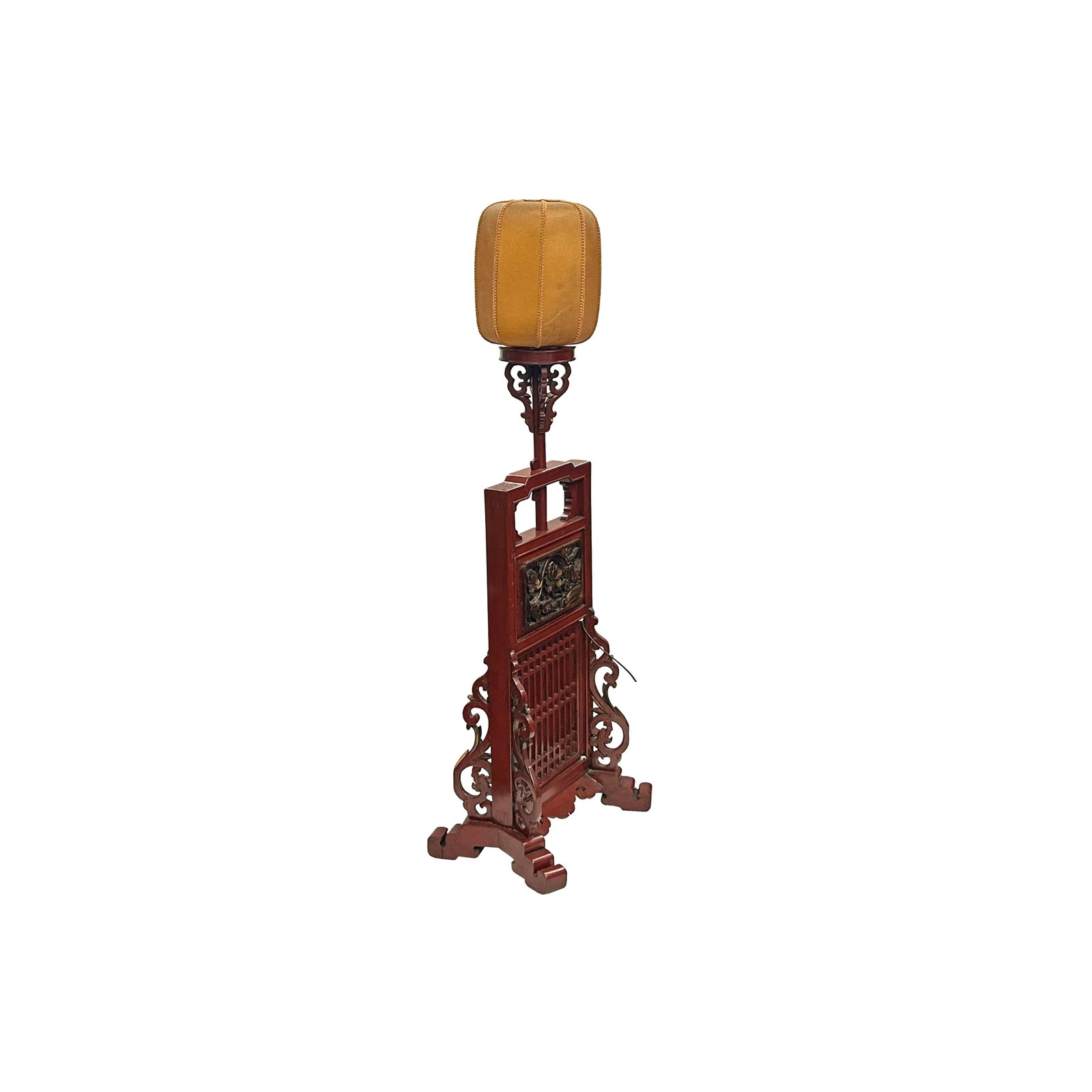 Vintage Chinese Brick Red Wood Floor Lamp With Golden Carving Base - 3