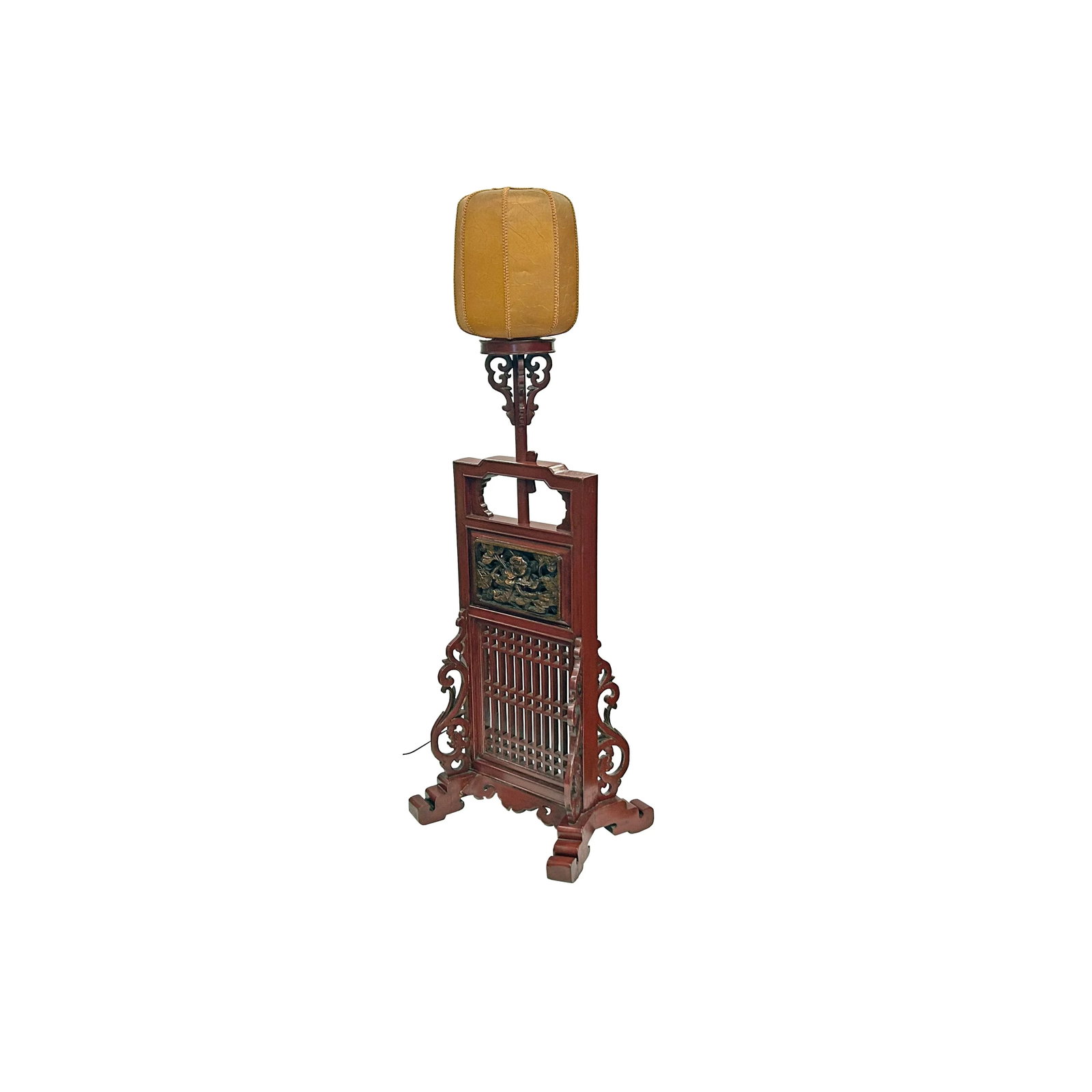 Vintage Chinese Brick Red Wood Floor Lamp With Golden Carving Base - 4