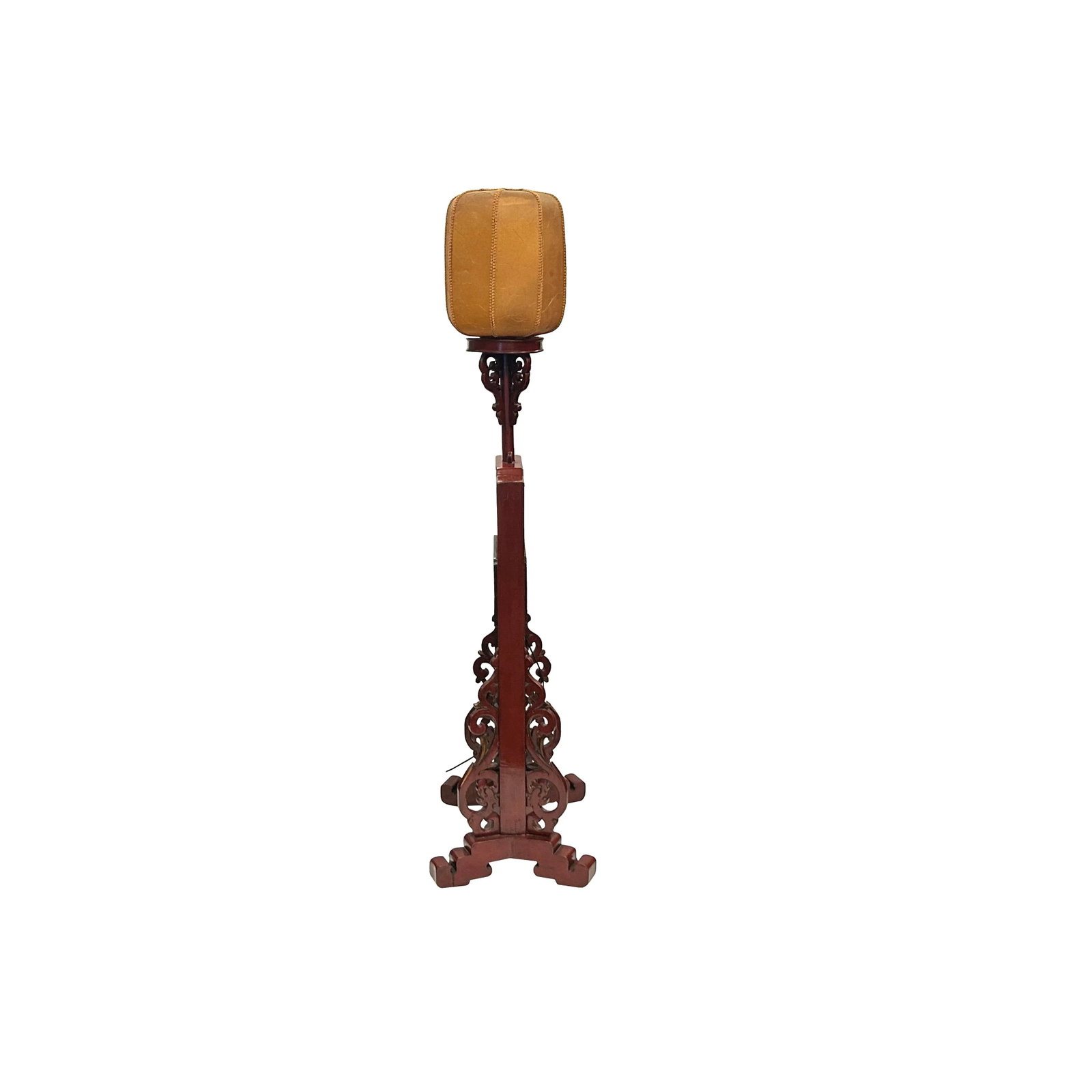 Vintage Chinese Brick Red Wood Floor Lamp With Golden Carving Base - 7