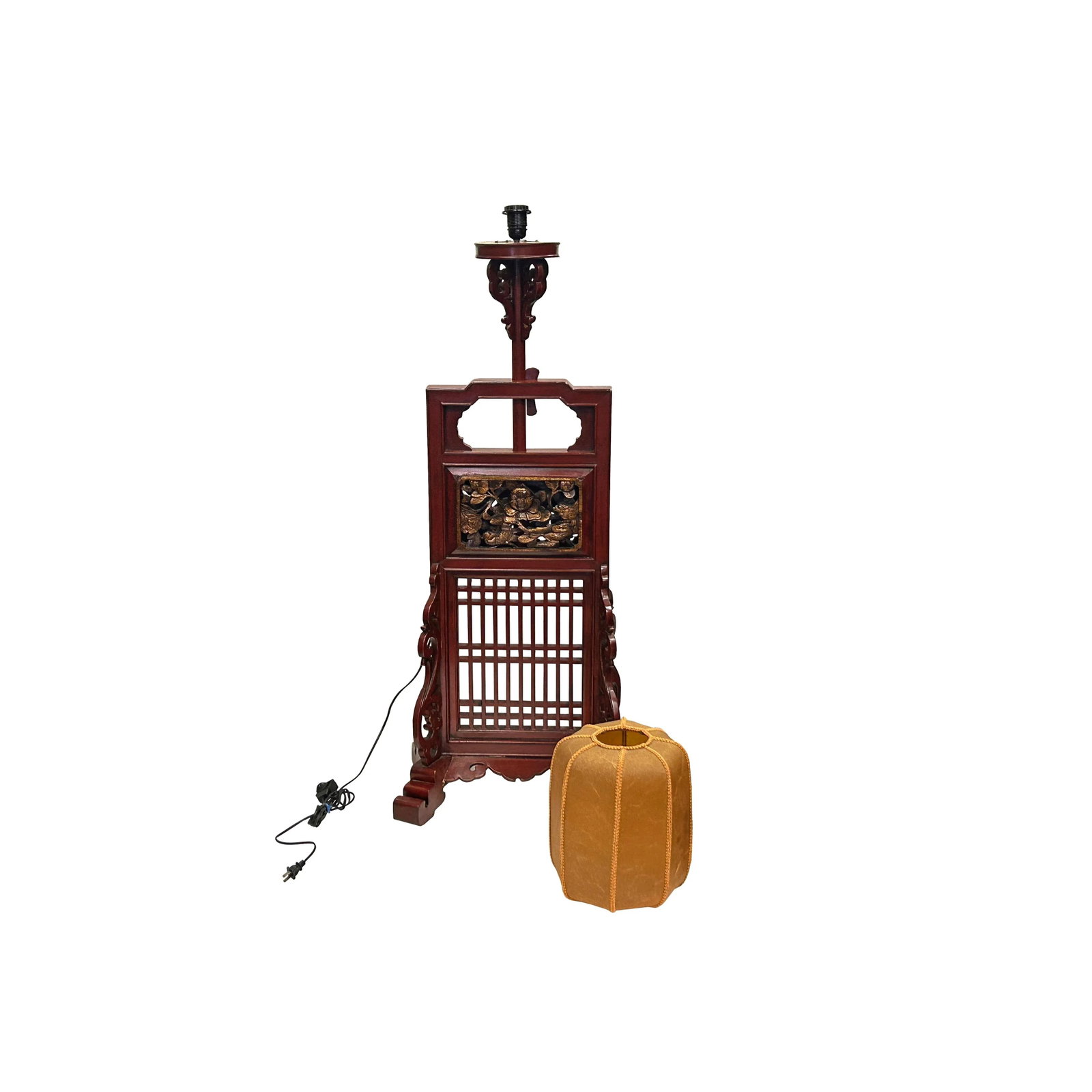 Vintage Chinese Brick Red Wood Floor Lamp With Golden Carving Base - 8