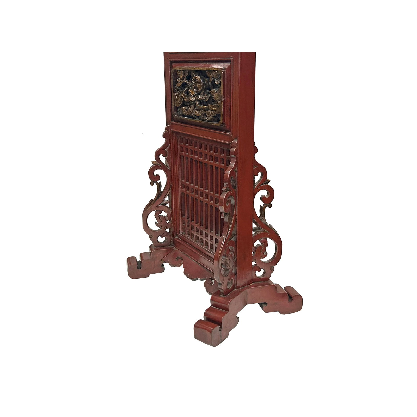 Vintage Chinese Brick Red Wood Floor Lamp With Golden Carving Base - 9
