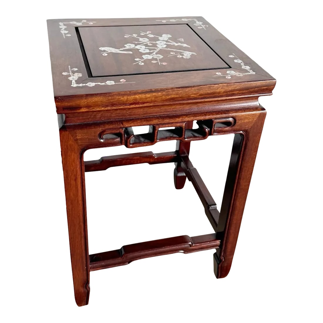 Chinese Wooden and Mother of Pearl Inlay Pedestal/Side Table: This exquisite Chinese Wooden and Mother of Pearl Inlay Pedestal/Side Table is a masterpiece of traditional craftsmanship. The table features a rich wooden base, elegantly carved and polished to a