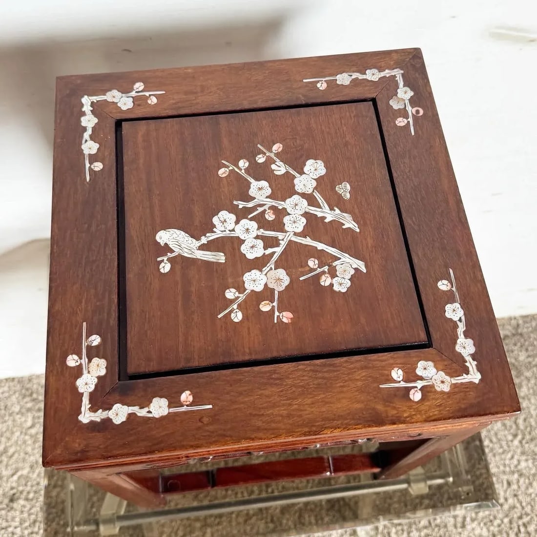 Chinese Wooden and Mother of Pearl Inlay Pedestal/Side Table - 4