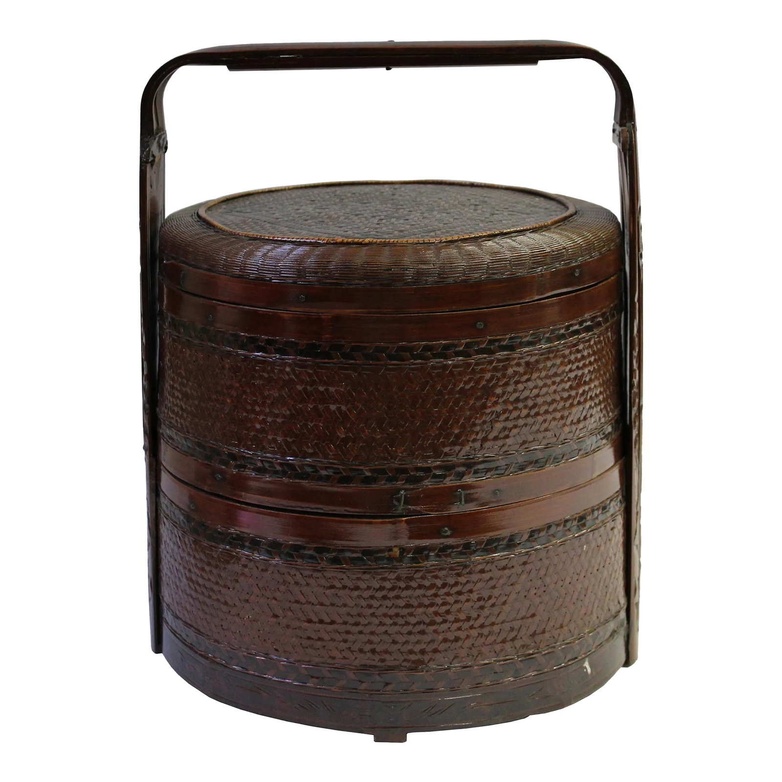 Vintage Oriental Handmade Brown Rattan Stack Basket With Handle: This is a traditional oriental rattan basket with an ancient style motif pattern on the surface. It has a handle and a nice brown color with a wear-out patina. Dimensions: Body Dia 12" x h16" Origin: 