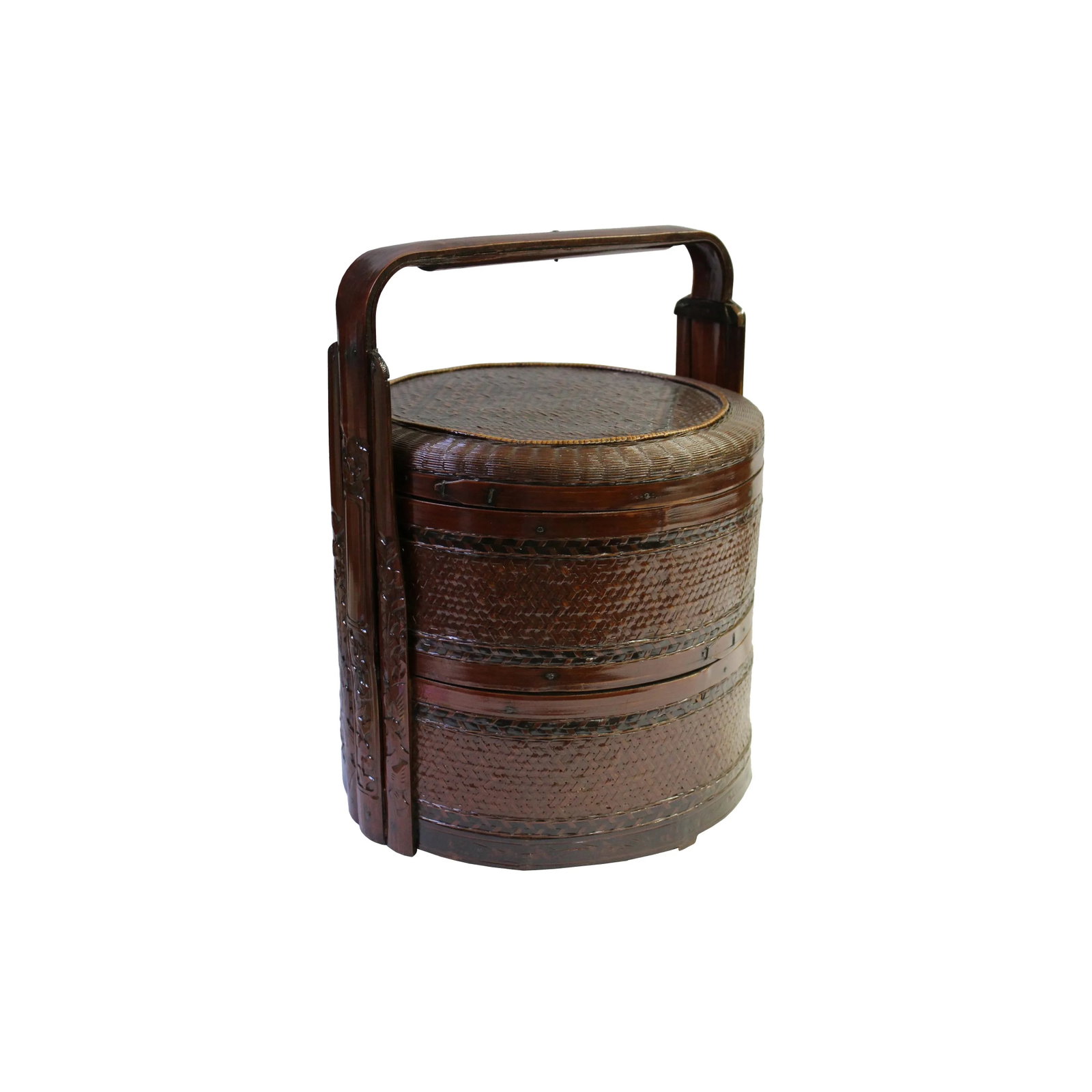 Vintage Oriental Handmade Brown Rattan Stack Basket With Handle - 5